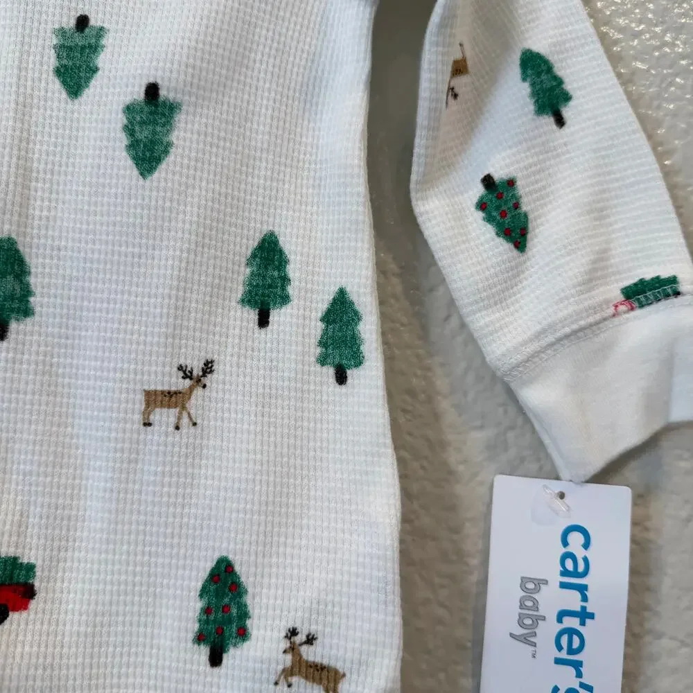 Carter's thermal knit Christmas tree zip footie pjs pajamas white red green